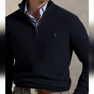 Polo Ralph Lauren Mesh Knit Cotton Quarter Zip Sweater Pony XL Navy Mock Neck